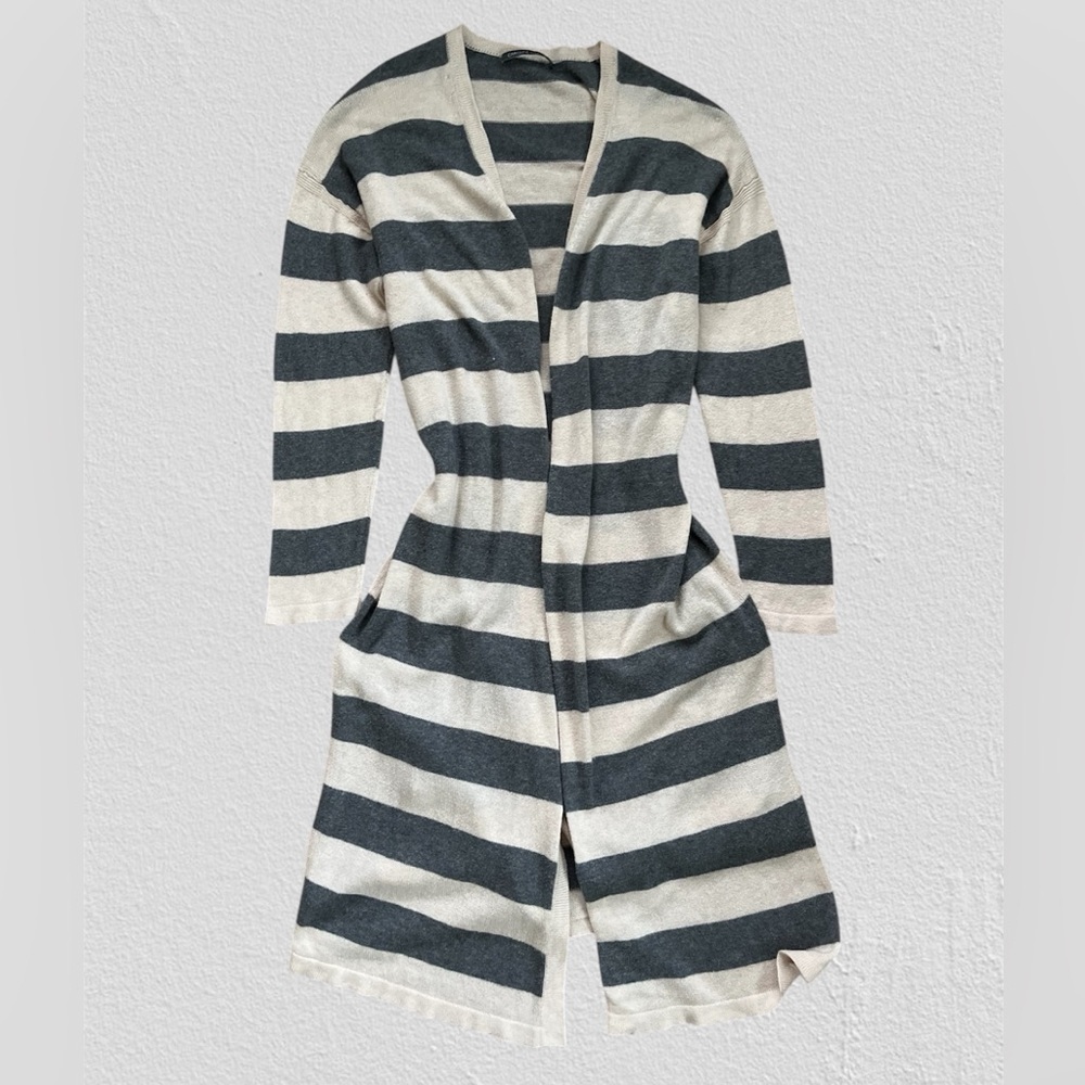 Caroline Grace Striped Gray and Cream Cotton Cashemire Mininalist Cardigan M